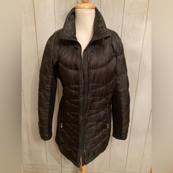 Michael Kors MK Women's Puffer Jacket Coat Black Gold Logo Zipper Pulls Long S-M - Picture 2 of 8